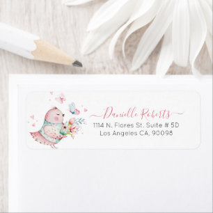 Cute chicke with flowers and butterflies label