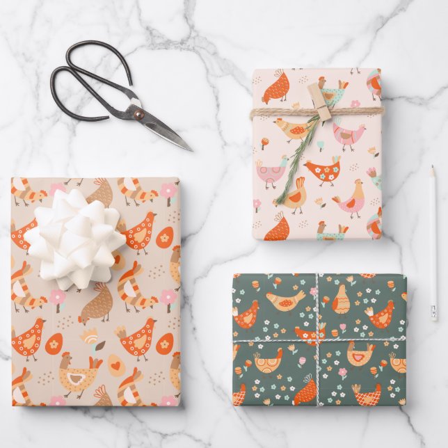 Cute Chicken Bird Pattern Wrapping Paper Sheets (Front)