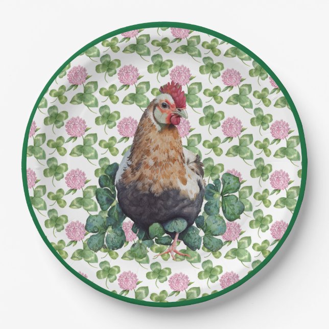 Cute Chicken & Clover | St Patrick's Day  Paper Plates (Front)