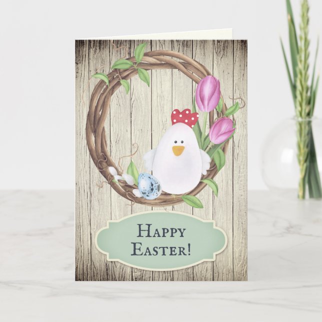 Cute Chicken, Eggs, Wreath and Tulips Happy Easter Holiday Card (Front)