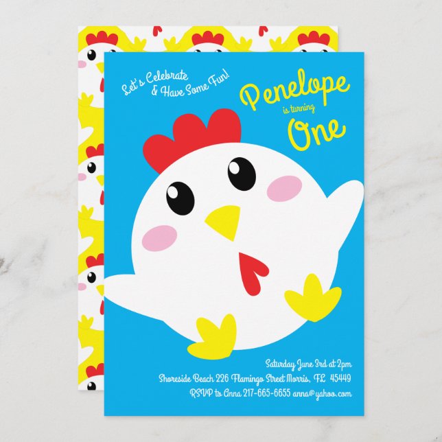 Cute Chicken Farm Kids 1st Birthday Party Invitation (Front/Back)