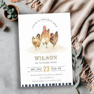 Cute Chicken Farm Watercolor Kids Birthday Invite