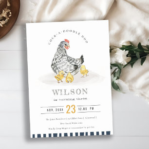 Cute Chicken Farm Watercolor Kids Birthday Invite