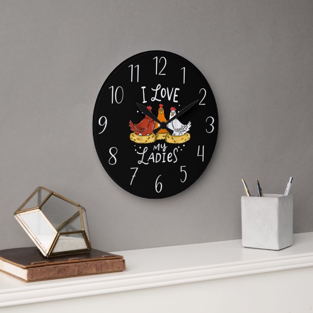 cute chicken lovers word art Large Clock  (Office)