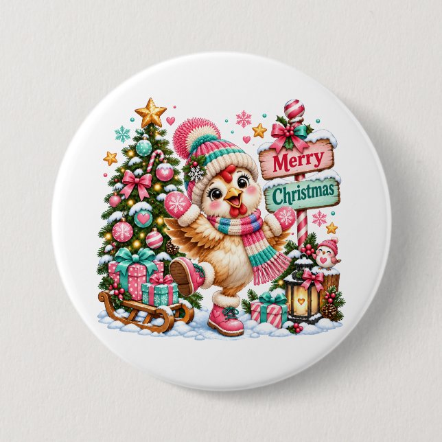 Cute Chicken Merry Christmas Button (Front)
