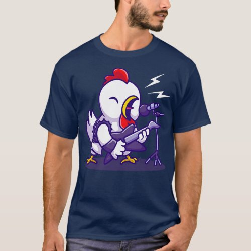 Cute Chicken Rocker With Guitar Cartoon T_Shirt