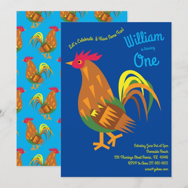 Cute Chicken Rooster Kids 1st Birthday Party Invitation (Front/Back)