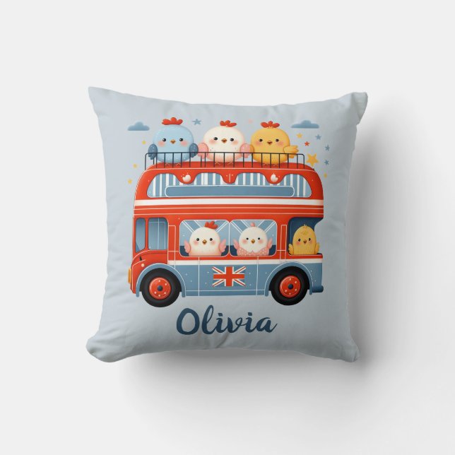 Cute Chickens and Chicks in London Bus Throw Pillow (Front)