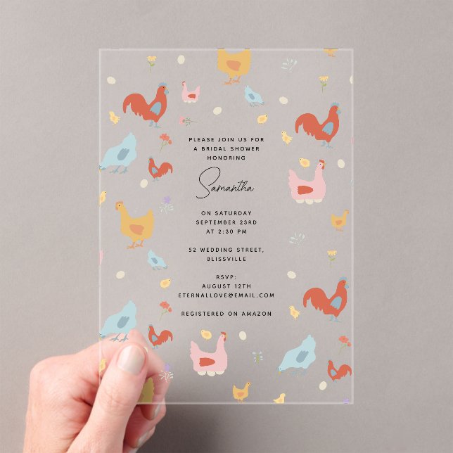 Cute Chickens Hens and Baby Chicks Bridal Shower Acrylic Invitations (Insitu (Handheld))