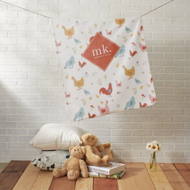 Cute Chickens Hens and Baby Chicks Monogram Baby Blanket (In Situ)