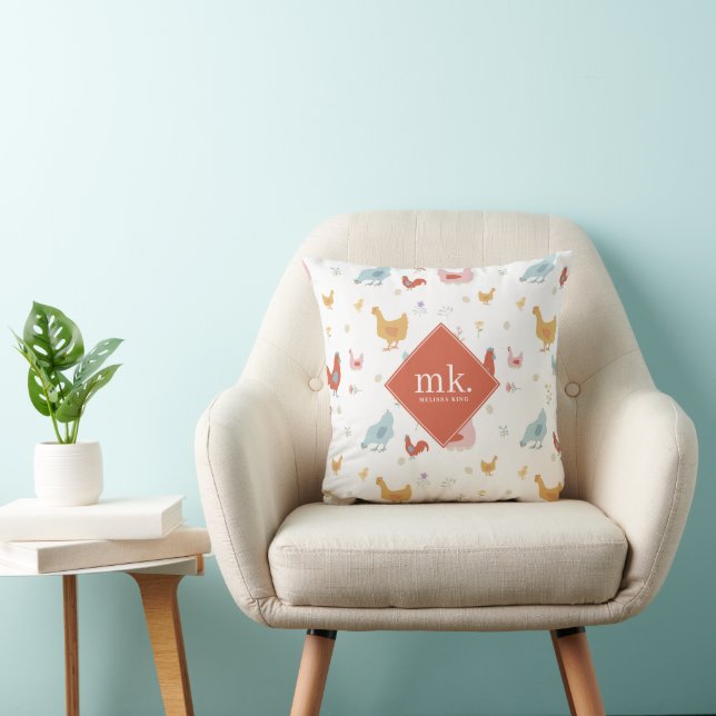 Cute Chickens Hens and Baby Chicks Monogram Throw Pillow (Chair)