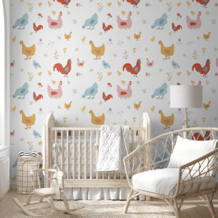Cute Chickens Hens and Baby Chicks Nursery Girl Wallpaper