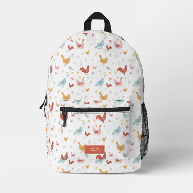 Cute Chickens Hens and Chicks Custom Name Printed Backpack (Front)