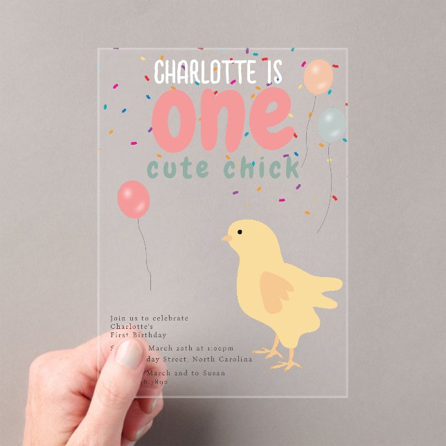 Cute Chickens Hens Chick Girl First 1st Birthday Acrylic Invitations (Insitu (Handheld))