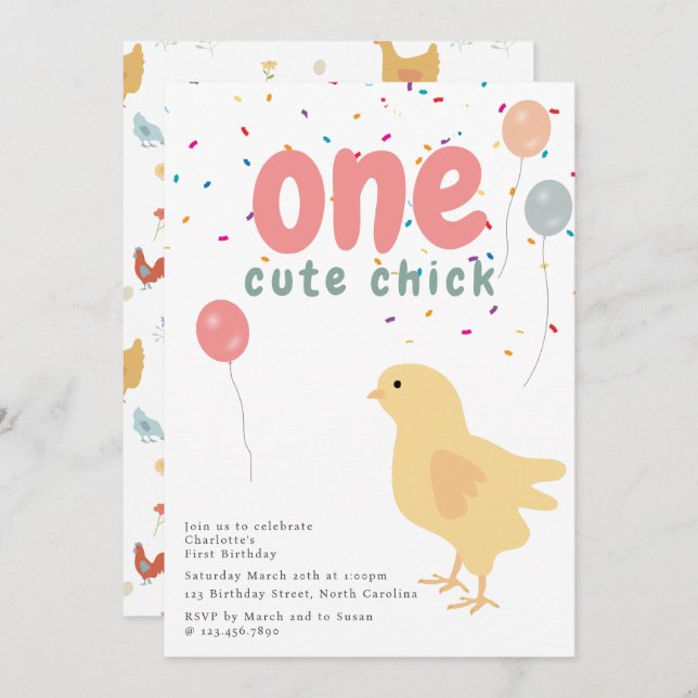 Cute Chickens Hens Chick Girl First 1st Birthday Invitation (Front/Back)