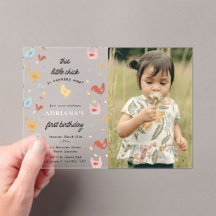 Cute Chickens Hens Chick Girl First Birthday Photo Acrylic Invitations