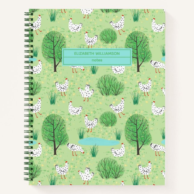 Cute Chickens in a Green Meadow with Trees Name Notebook (Front)