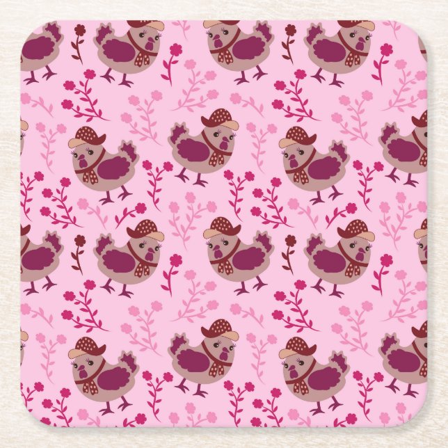 Cute Chickens Square Paper Coaster (Front)