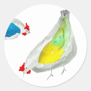 Cute chickens watercolor art classic round sticker