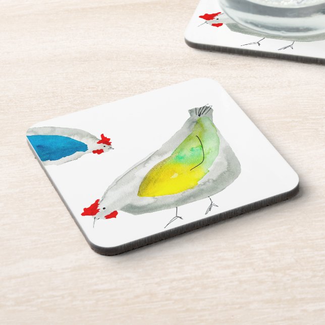 Cute chickens watercolor beverage coaster (Left Side)