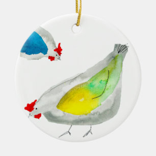 Cute chickens watercolor ceramic ornament