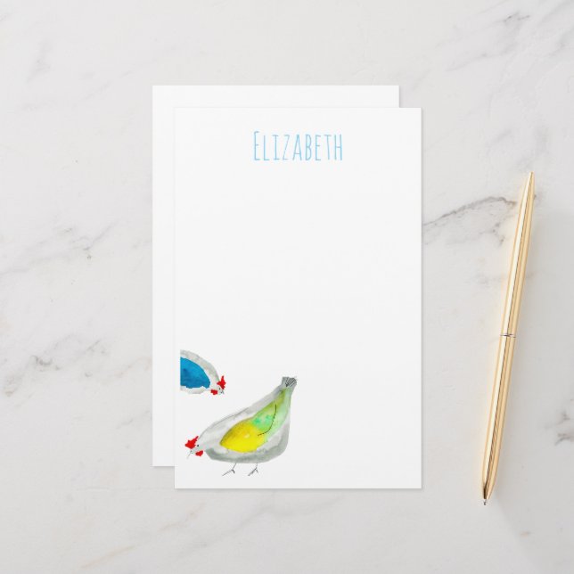 Cute chickens watercolor stationery (Front/Back In Situ)