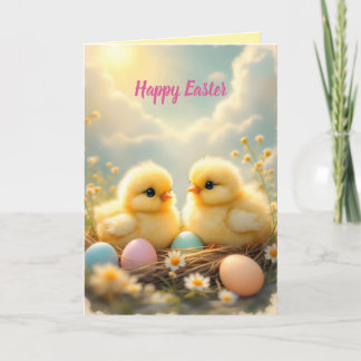 Cute chicks and colorful Easter eggs, vintage Holiday Card