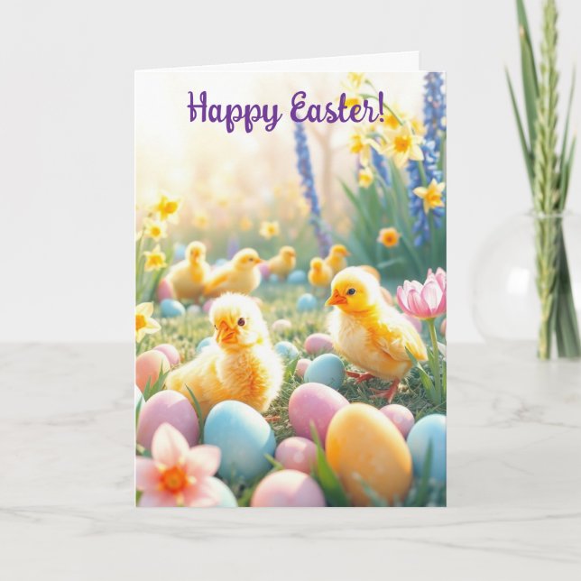 Cute Chicks and Easter Eggs Holiday Card (Front)
