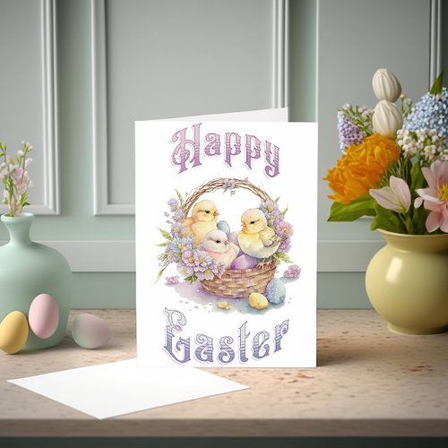 Cute Chicks and Eggs in a Basket Watercolor Card