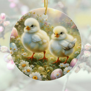 Cute chicks in a meadow with Easter eggs, vintage  Ceramic Ornament