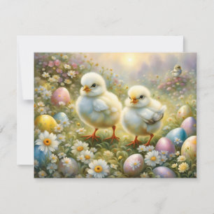 Cute chicks in a meadow with Easter eggs, vintage  Holiday Card