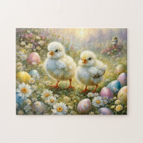 Cute chicks in a meadow with Easter eggs vintage  Jigsaw Puzzle