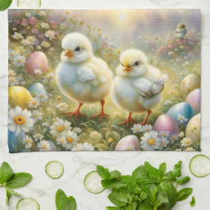 Cute chicks in a meadow with Easter eggs, vintage Kitchen Towel