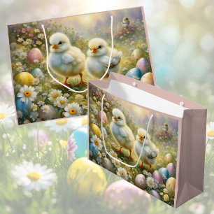 Cute chicks in a meadow with Easter eggs, vintage Large Gift Bag