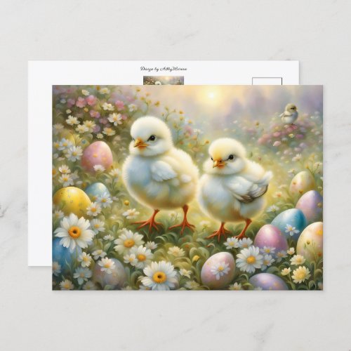 Cute chicks in a meadow with Easter eggs vintage  Postcard