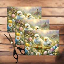 Cute chicks in a meadow with Easter eggs, vintage