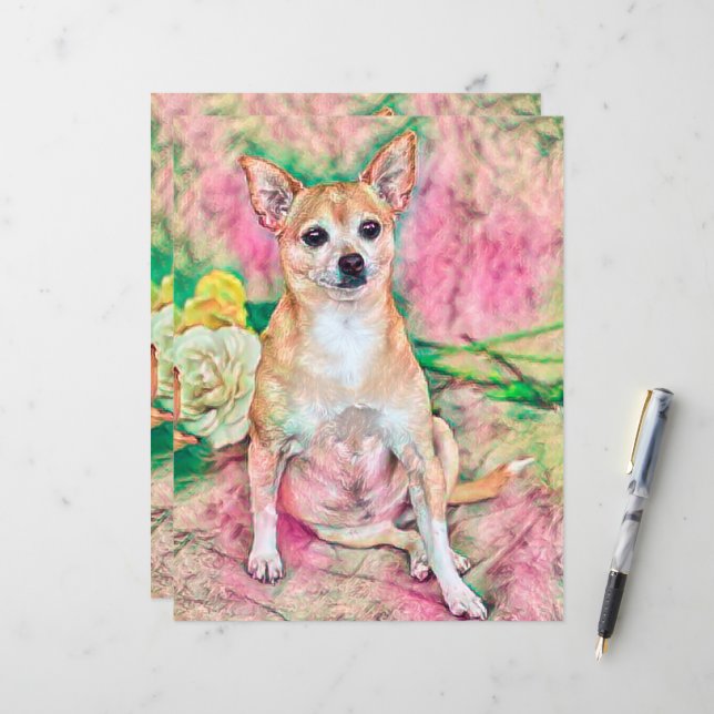 Cute Chihuahua Art Pink Green Dog Portrait (Front/Back In Situ)