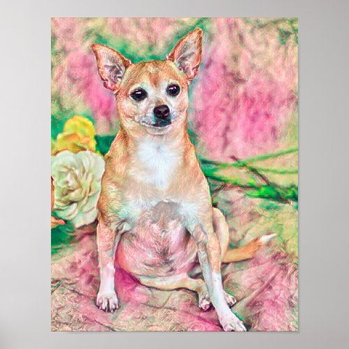 Cute Chihuahua Art Pink Green Dog Portrait Poster