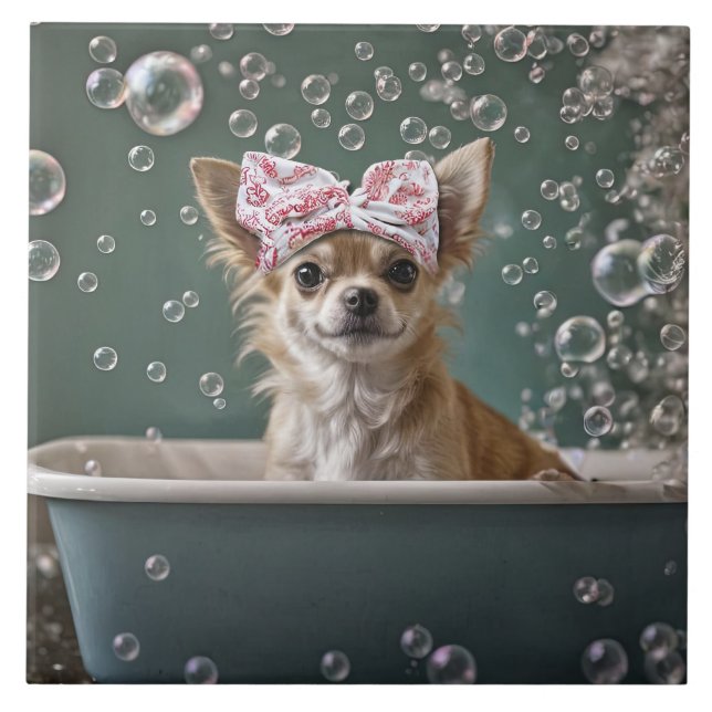 Cute Chihuahua Bubble Bath  Ceramic Tile (Front)