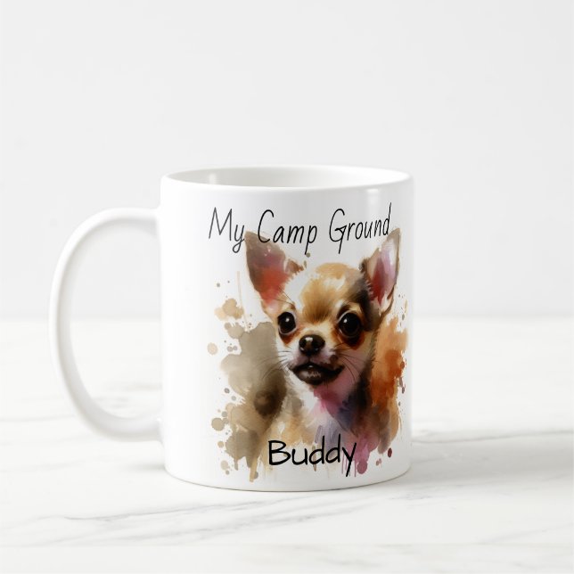Cute Chihuahua ''Camp Buddy'' Watercolor Coffee Mug (Left)