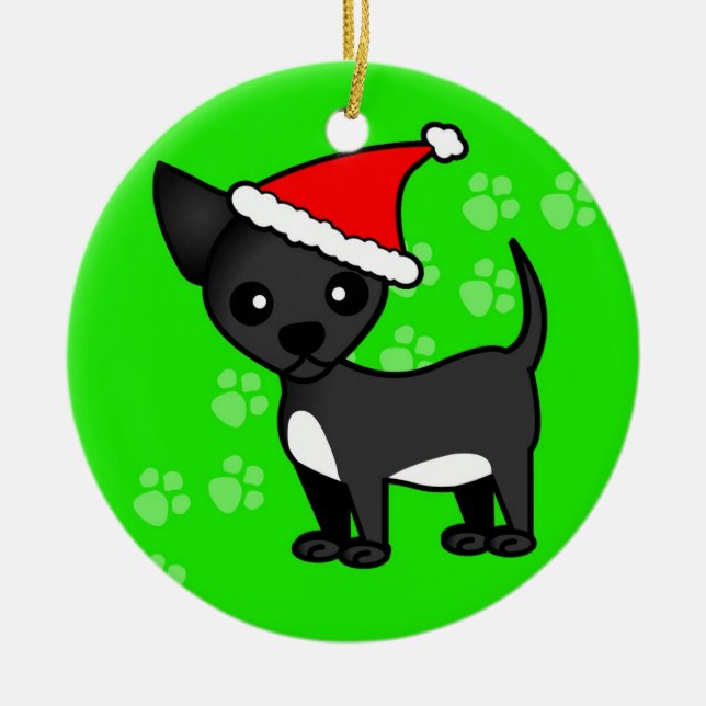 Cute Chihuahua Cartoon Santa Hat - Black Ceramic Ornament (Front)