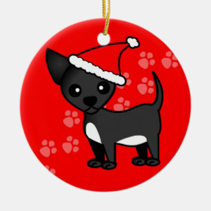 Cute Chihuahua Cartoon Santa Hat - Black Ceramic Ornament
