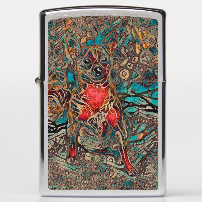 Cute Chihuahua Dog Art Teal Brown Portrait Zippo Lighter (Front)