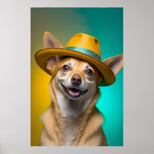 Cute Chihuahua Dog Fedora Hat Colorful Vibrant Poster
