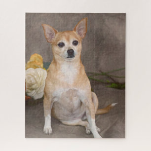 Cute Chihuahua Dog Floral Art Pet Portrait Jigsaw Puzzle
