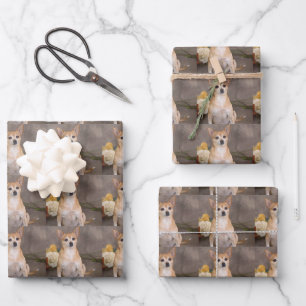 Cute Chihuahua Dog Floral Pet Portrait Pattern Wrapping Paper Sheets