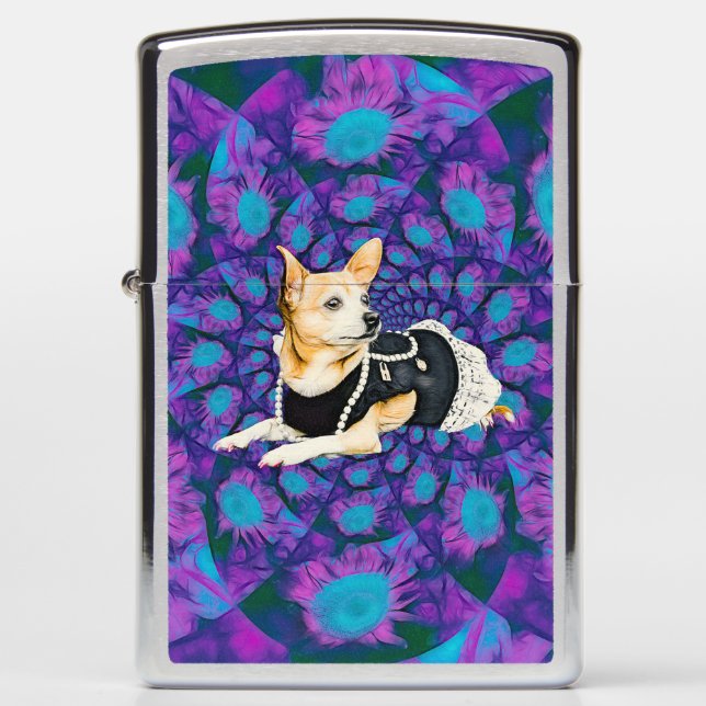 Cute Chihuahua Dog Floral Purple Blue Neon Art Zippo Lighter (Front)