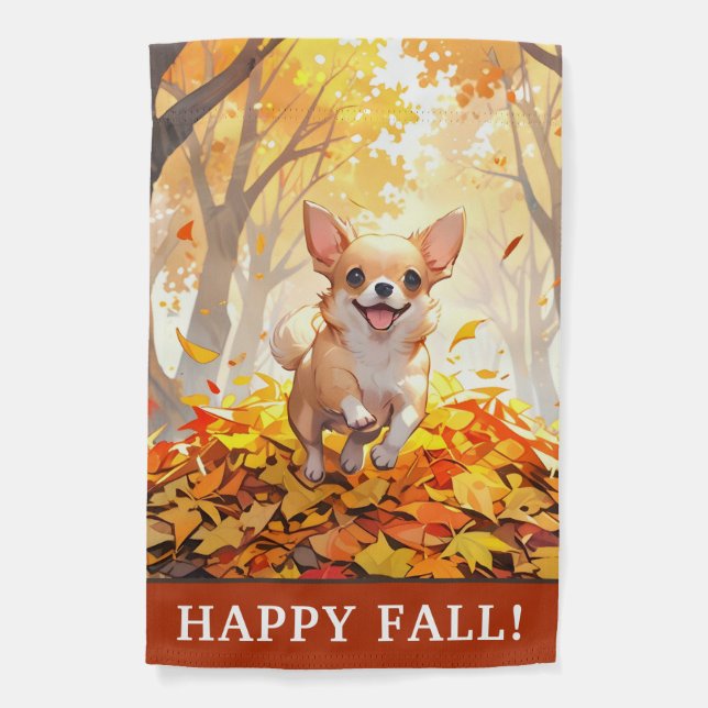 Cute Chihuahua Dog in Autumn Leaves Happy Fall Garden Flag (Front)
