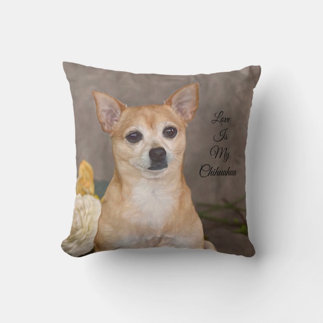 Cute Chihuahua Dog Portrait Floral Pet Art Throw Pillow (Front)