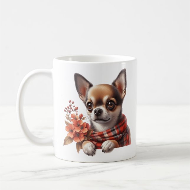 Cute Chihuahua Dog Puppy with Flowers Coffee Mug (Left)